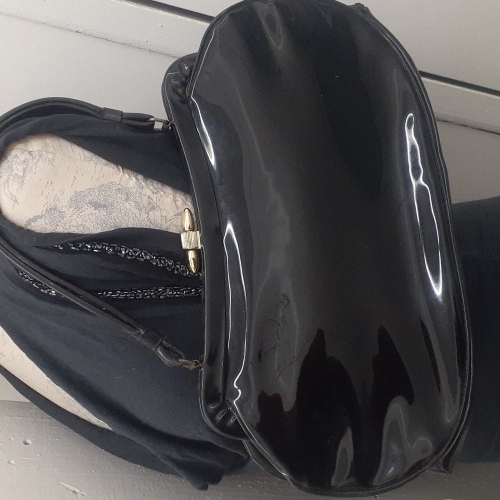 Vtg 60s Black Patent Rockabilly Kelly Bag Handbag Oversized Granny Purse - Picture 5 of 9